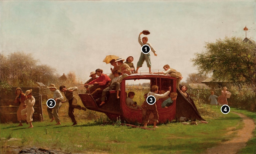 Annotated details from The Old Stagecoach by Eastman Johnson